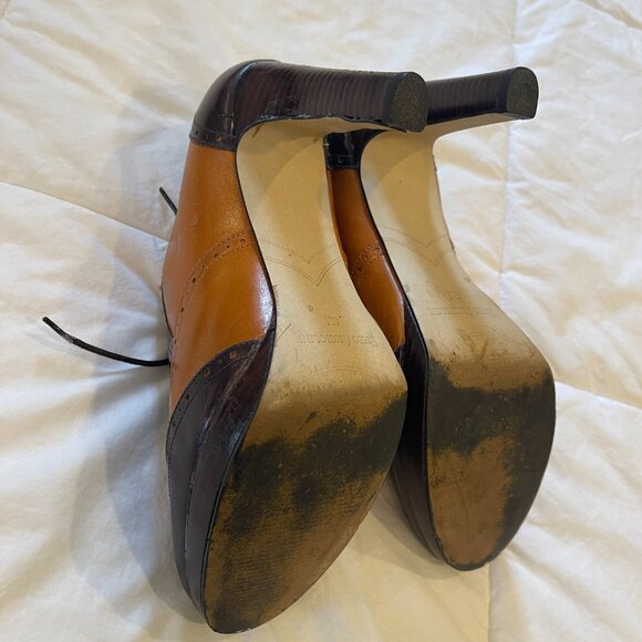 Saddle heel Shoes size 8 Vintage Enzo Angolini brown tan lace up . Flawed - Picture 3 of 5